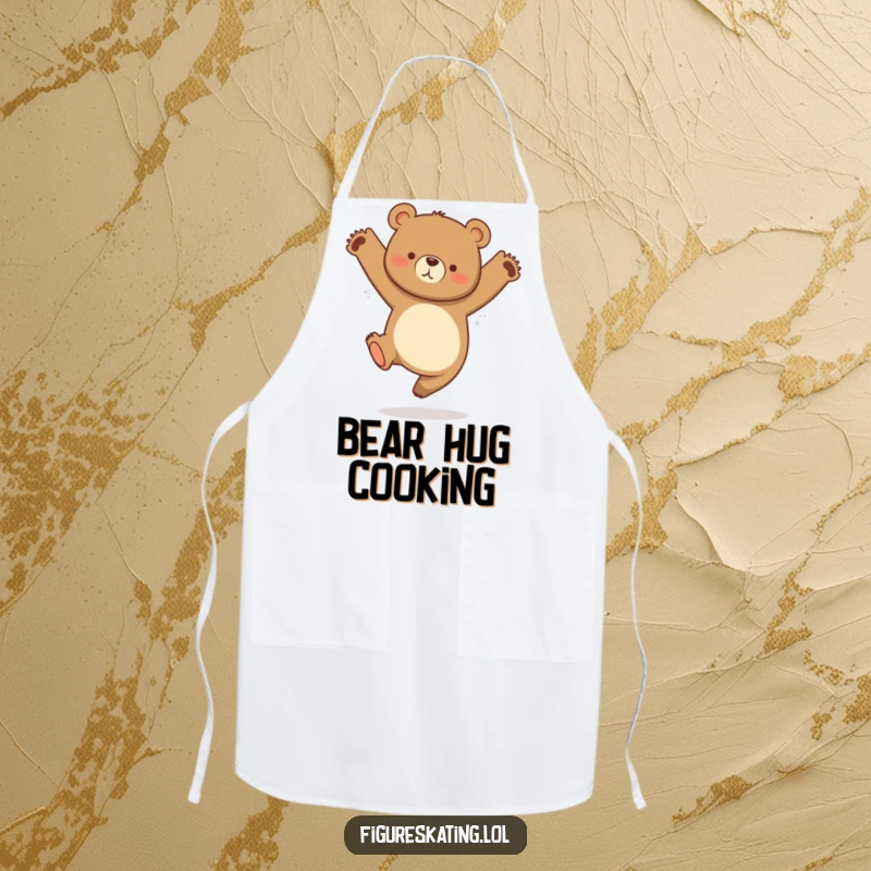 Funny apron with a curious bear in a graceful jump with tucked legs, adding humor to cooking.