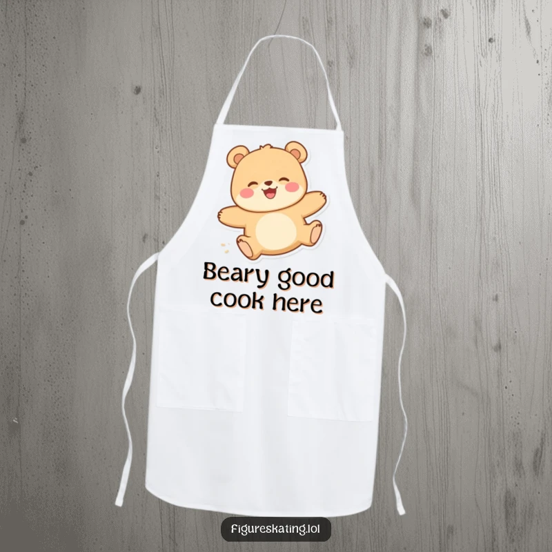 Funny apron with a happy bear in a delighted, smooth gliding pose, designed for cheerful cooking and kitchen fun.