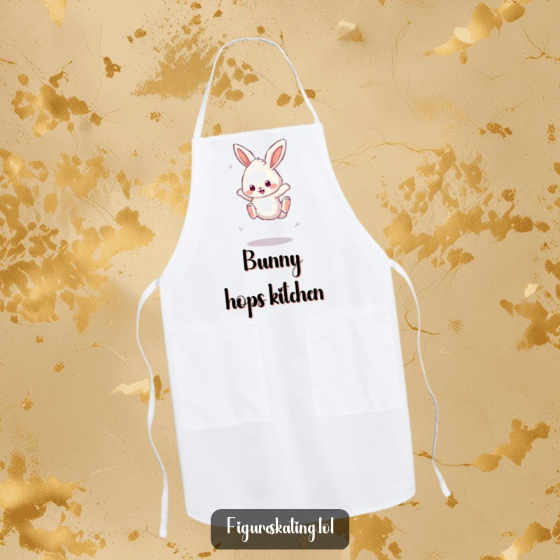 Funny apron with a fluffy bunny attempting a wobbly triple jump, ready for kitchen adventures with energetic flair.