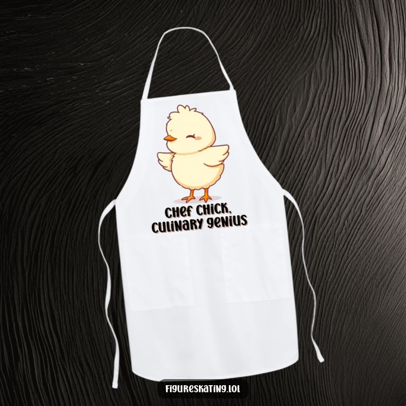 Funny Chick Apron showing a fluffy cartoon chick pirouetting with eyes closed in concentration, great for creative work.