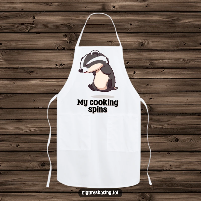 Funny apron with a badger attempting a wild ice skating spin and losing its balance, a humorous kitchen accessory.