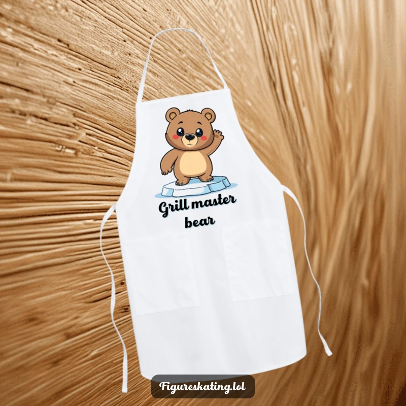 Funny Bear Apron: A confident bear strikes a dramatic pose on ice skates, bringing athletic humor and kitchen readiness for a funny gift.