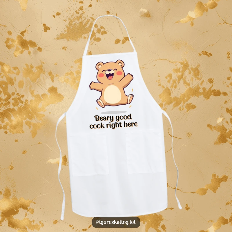 Funny Bear Apron showing a beaming cartoon bear attempting a triple jump with great gusto, great for kitchen use.