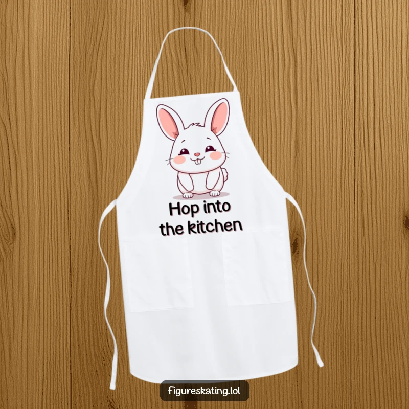 Funny Bunny Apron showing a chubby cartoon bunny gliding forward with a happy sigh, great for kitchen use.