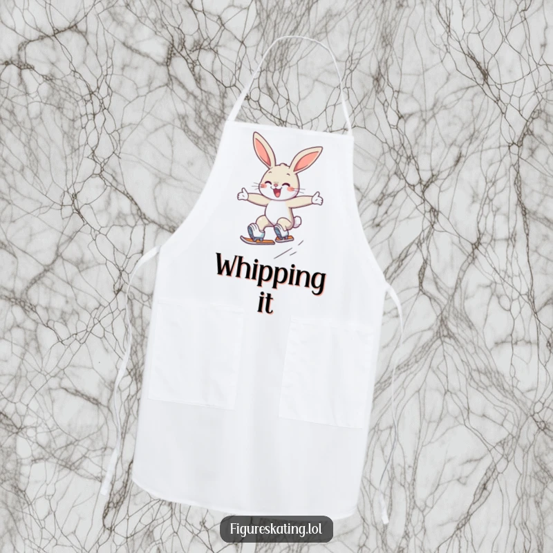Funny apron showcasing a determined, smiling bunny gracefully jumping on ice skates, ideal for a cheerful kitchen.