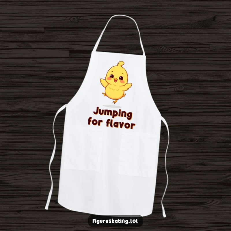 Funny apron featuring a happy chick performing a small, joyful jump, ready to add cheer to any kitchen task.