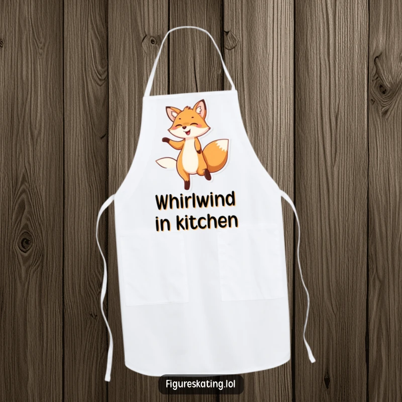 Funny apron with a delighted fox smiling and twirling gracefully, adding humor to kitchen activities.