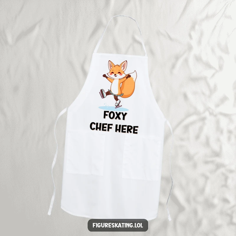 Funny fox ice skating apron depicting a cheerful fox performing an arabesque, adding a sophisticated and humorous touch to kitchen tasks.
