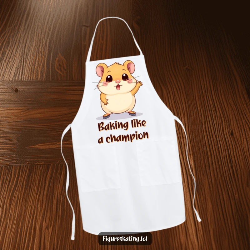 Funny hamster apron for a plump hamster with wide eyes attempting a figure skating pose, ideal for humorous kitchen activities.