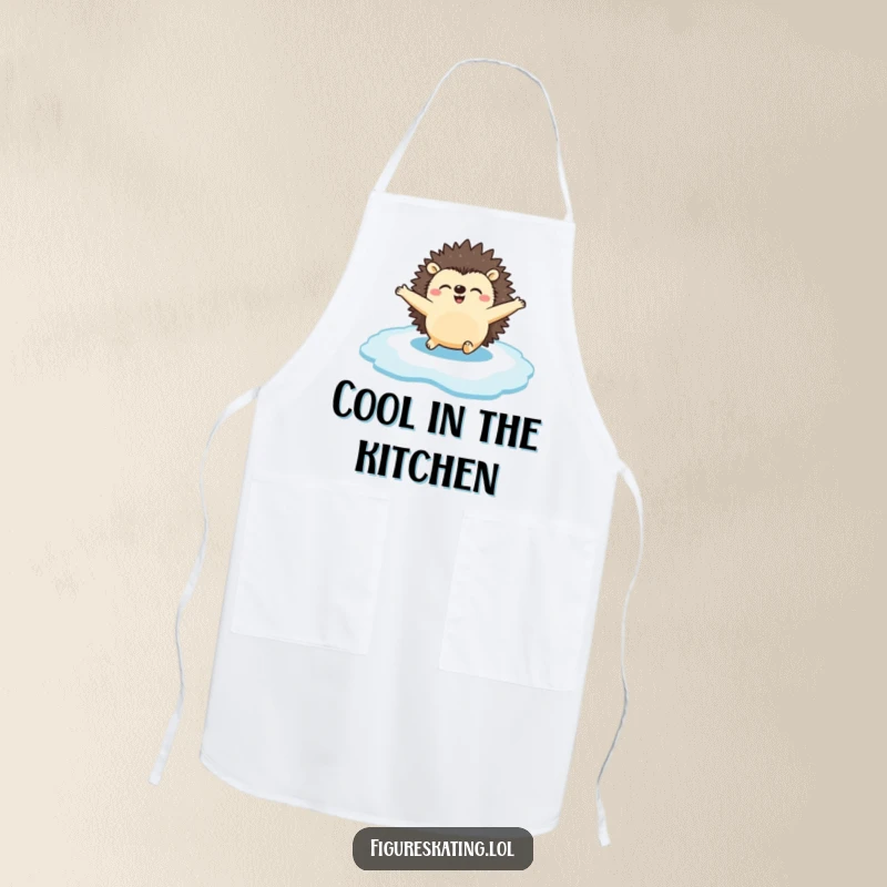 Funny Apron: A happy hedgehog gliding across the ice with arms spread, a fun and functional kitchen accessory for winter cooks.