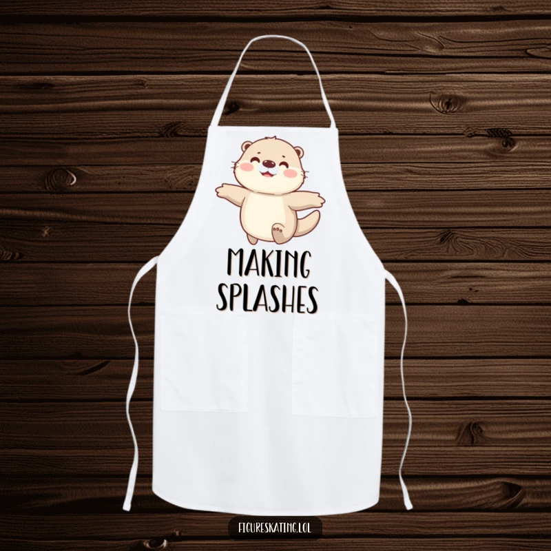 Funny apron showcasing a happy, fluffy otter gliding smoothly with arms spread wide, perfect for a cheerful cooking experience.