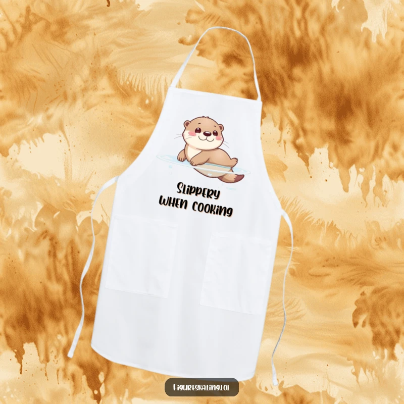 Funny apron featuring a happy otter sliding across a smooth surface, ready for kitchen adventures with a playful quip.