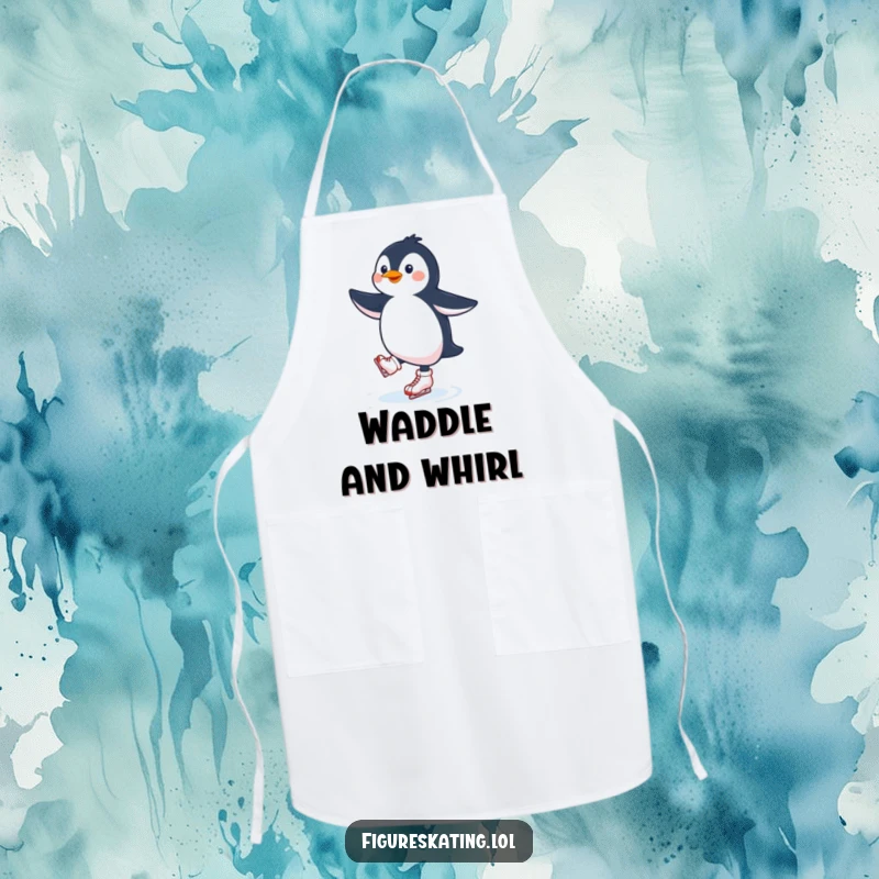 Funny penguin ice skating apron showcasing a delighted penguin gracefully skating, adding a whimsical touch to kitchen tasks.