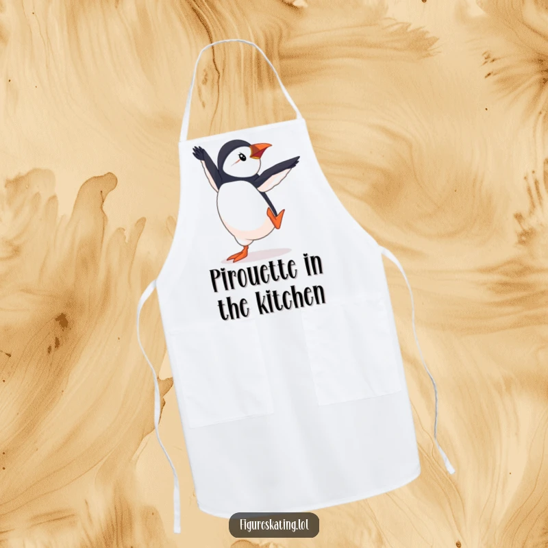 Funny Puffin Pirouette Apron, a determined puffin executing a pirouette, perfect for chefs and home cooks who love humor and elegance.