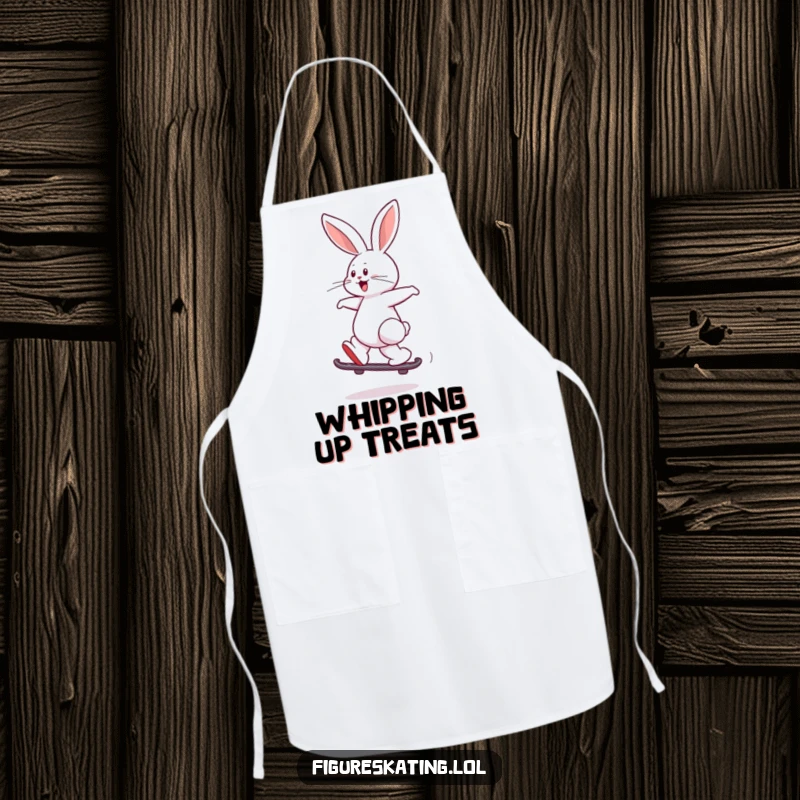 Funny apron with a playful rabbit joyfully leaping while skating backward, adding humor to cooking.