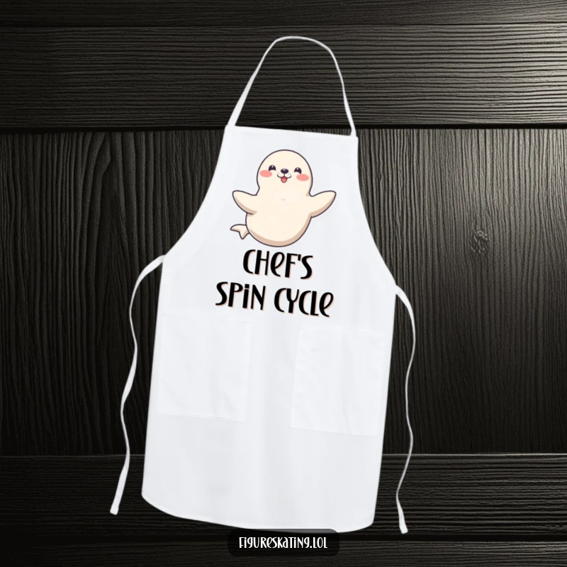 Funny apron with a happy seal spinning gracefully on one flipper, adding a touch of aquatic performance to kitchen duties.