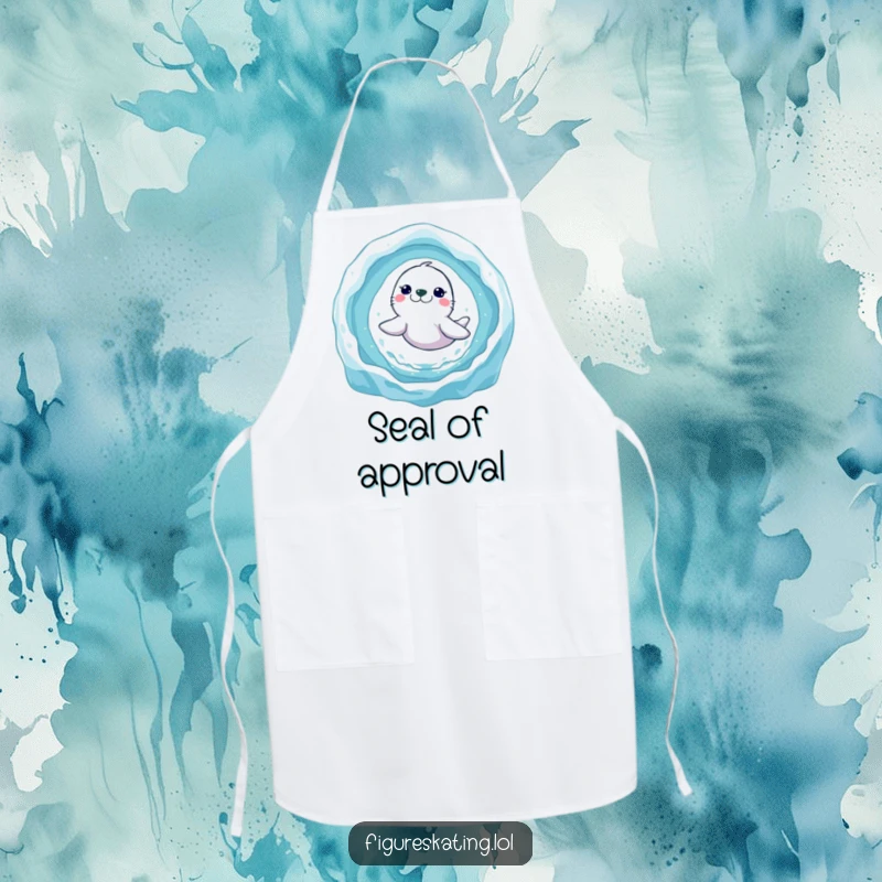 Funny seal ice ring apron depicting a happy seal leaping gracefully through an ice ring, adding a playful touch to cooking.