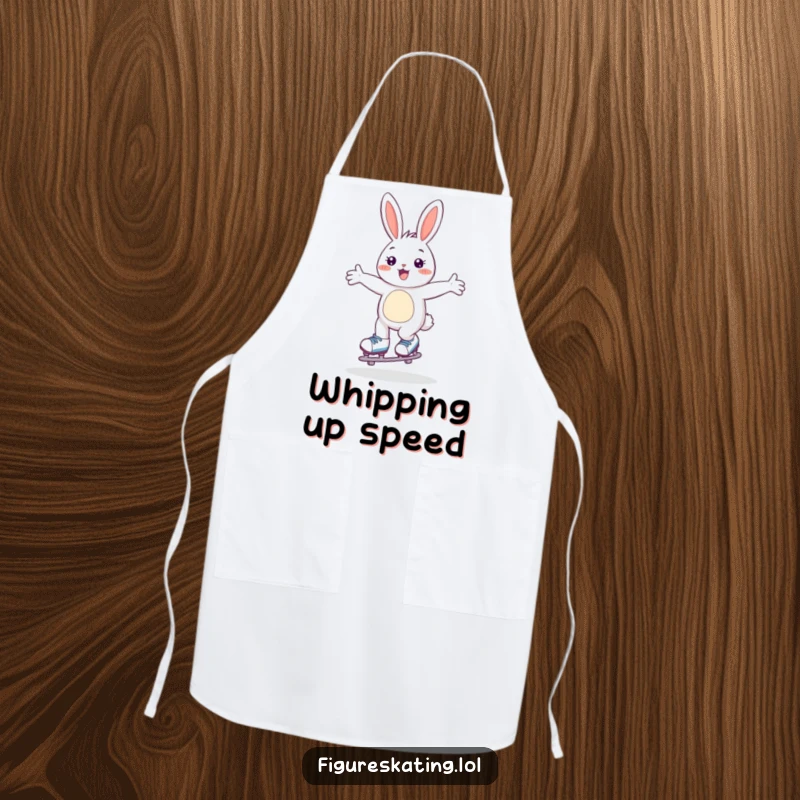 Funny apron with a happy bunny gliding on skates, arms wide open, ideal for kitchen fun.