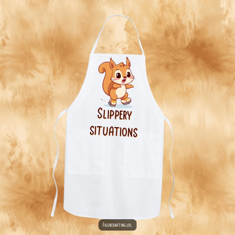 Funny apron showcasing a playfully surprised squirrel narrowly avoiding a collision on ice skates, perfect for a lively kitchen.