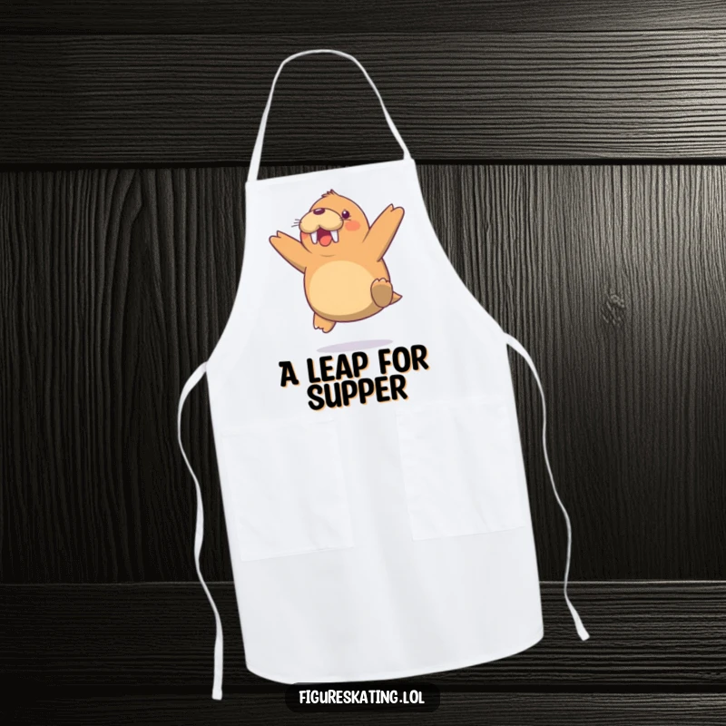 Funny Walrus Jump Apron, featuring a cheerful walrus doing a light mid-air jump, perfect for cooks who enjoy arctic humor.