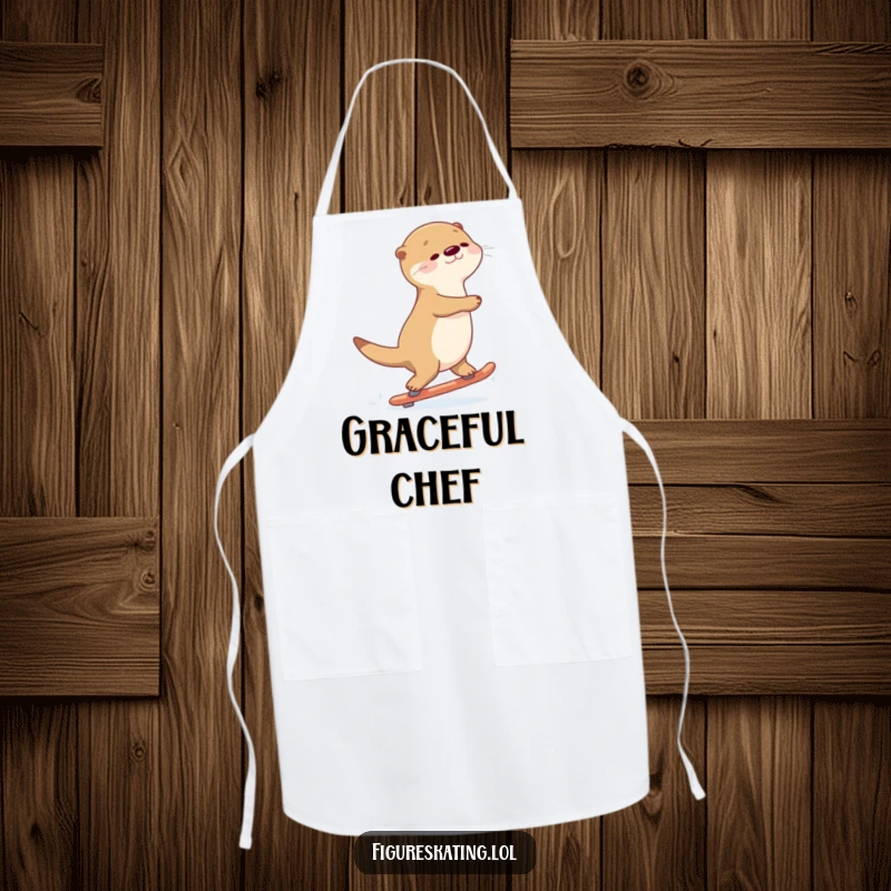 Funny Otter Gliding Apron: A graceful otter gliding backwards on skates with a serene expression, ready for kitchen tasks.