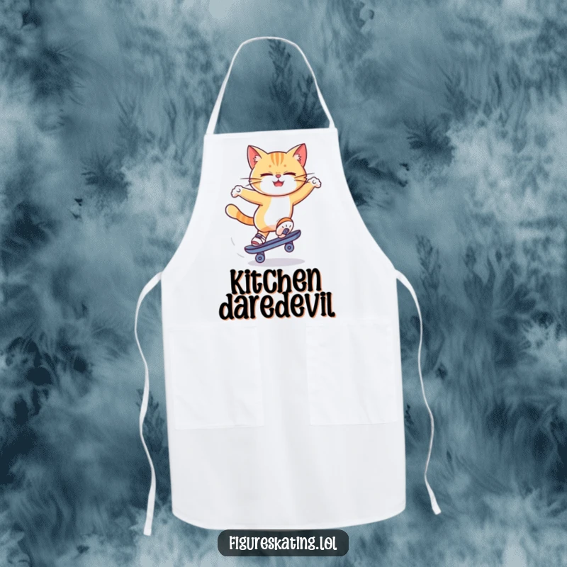Funny cat ice skating apron depicting a determined cat spinning on a skate, adding a humorous and focused touch to kitchen tasks.