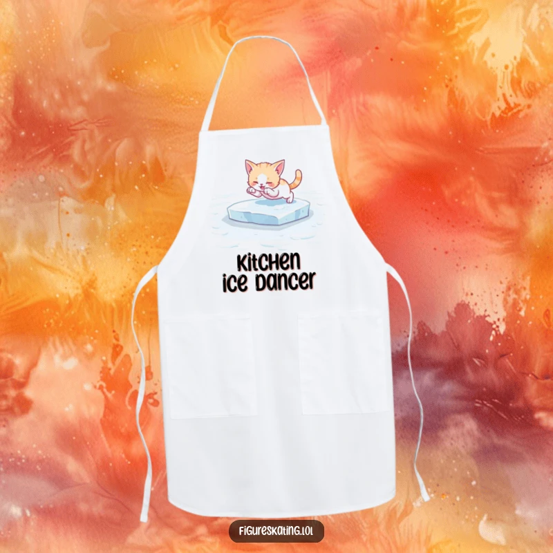 Funny kitten ice skating apron, featuring a cute cat poised on ice skates, ready to add a touch of hilarious charm to cooking.