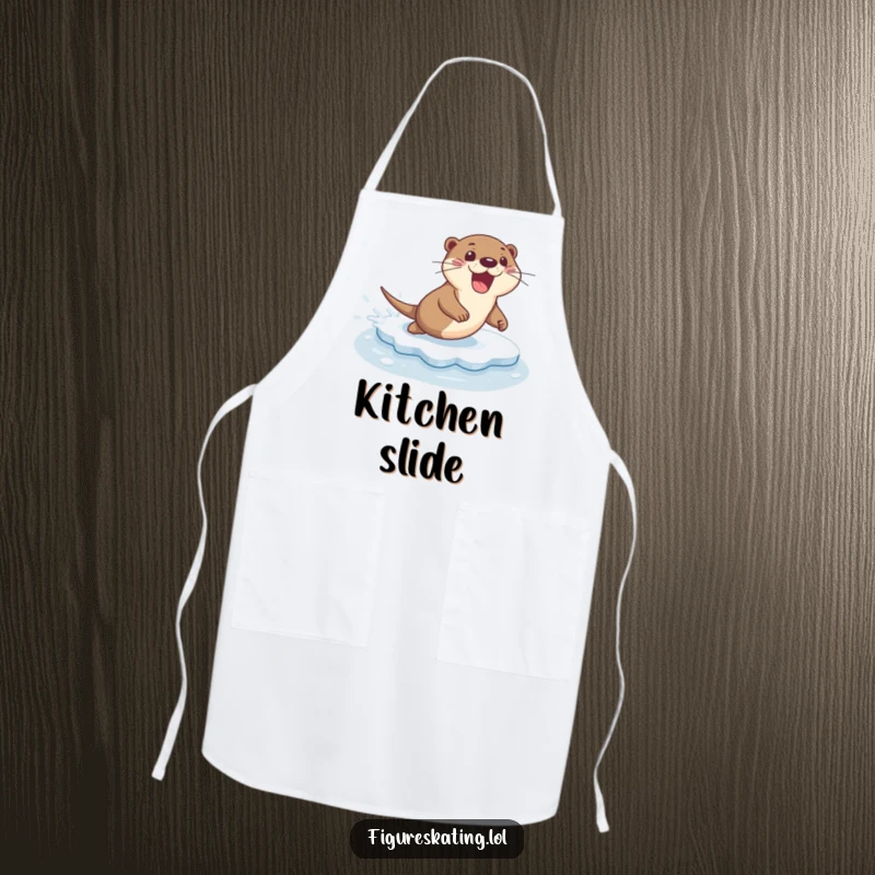 Funny apron illustration of an excited otter sliding across ice with a flourish, a playful kitchen companion.
