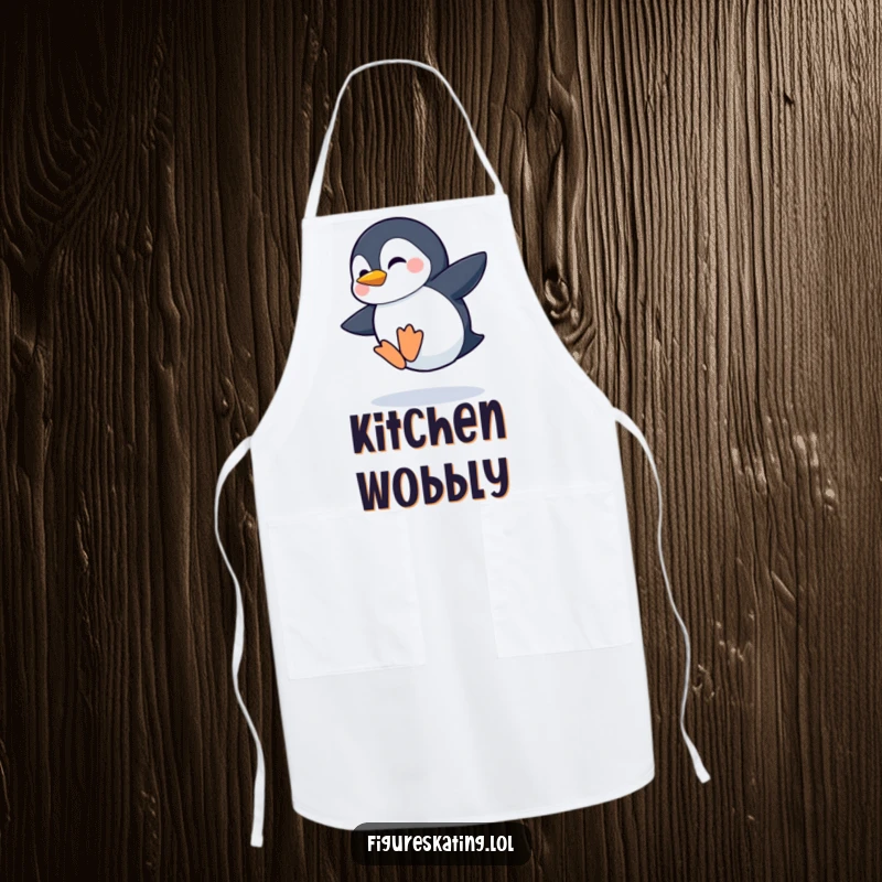Funny apron illustration of a shy penguin attempting a wobbly jump with a grin, a cute kitchen companion.