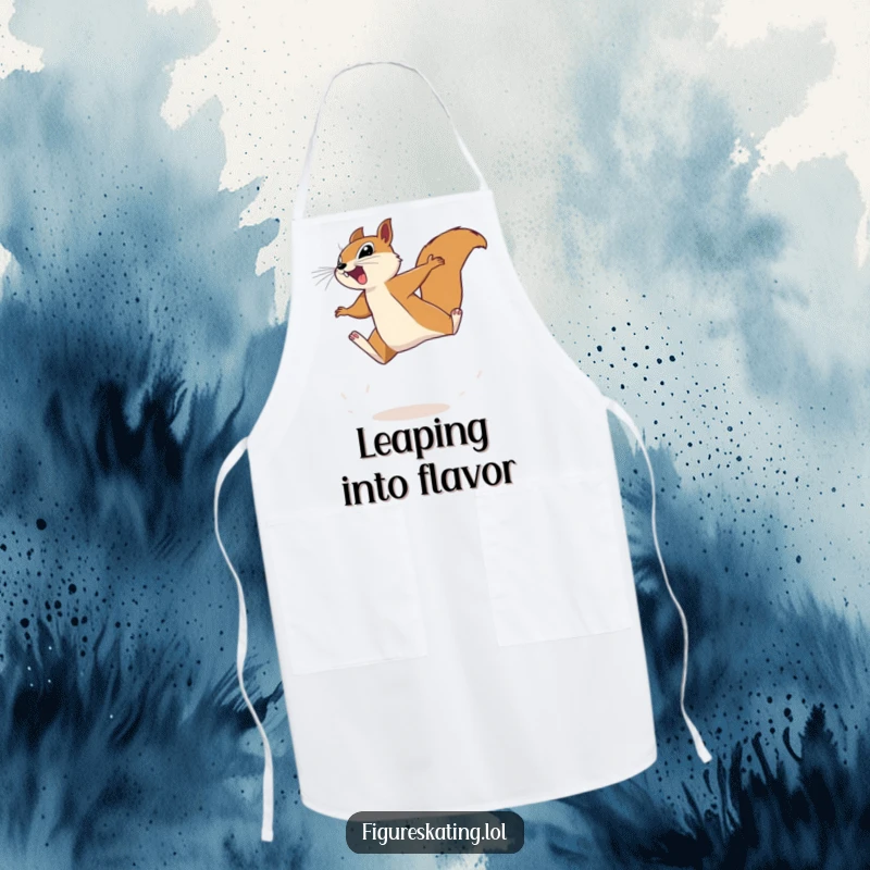 Funny squirrel apron showing a determined squirrel mid-leap, ready for kitchen action, making cooking fun and humorous for the wearer.