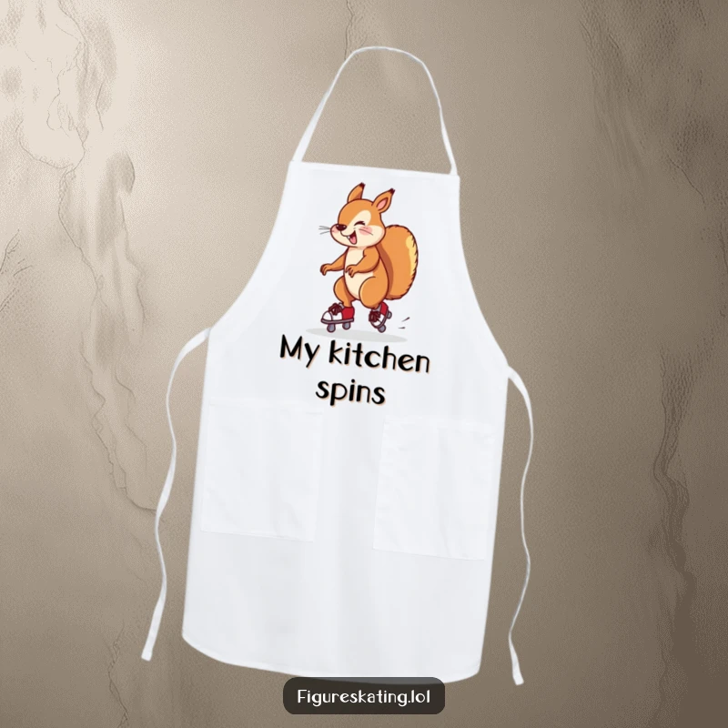 Funny apron featuring a silly squirrel performing a near-fall twirl on ice skates. A humorous kitchen accessory.