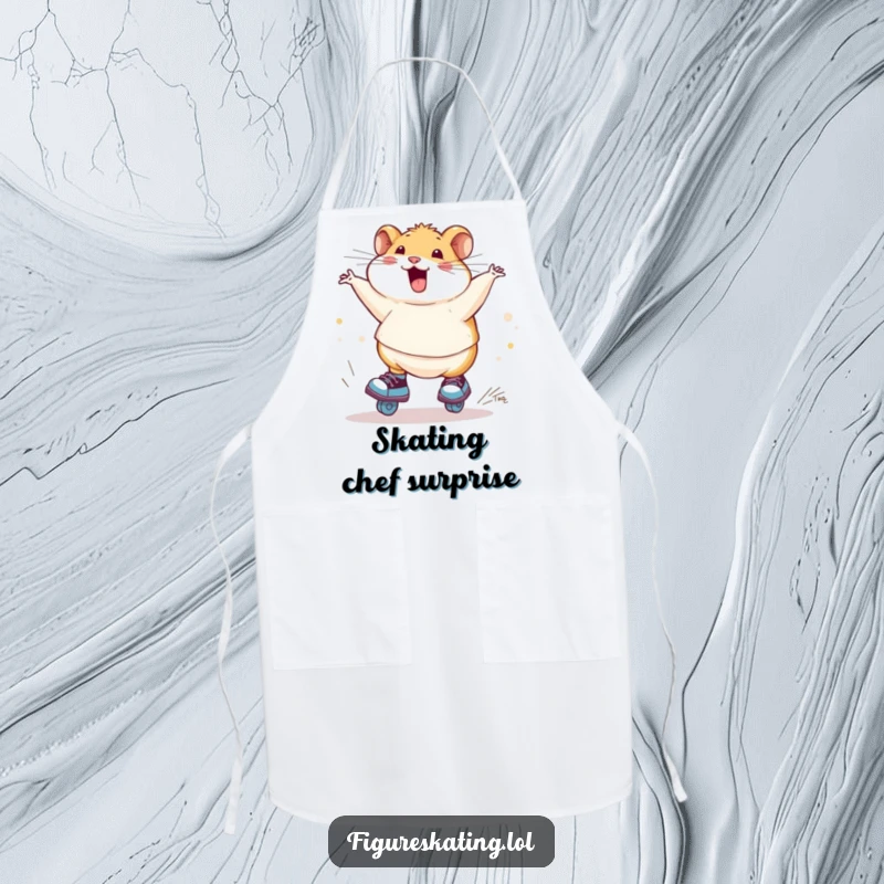 Funny chubby hamster ice skating apron, depicted spinning joyfully on skates, adding a humorous and charming touch to any kitchen task.