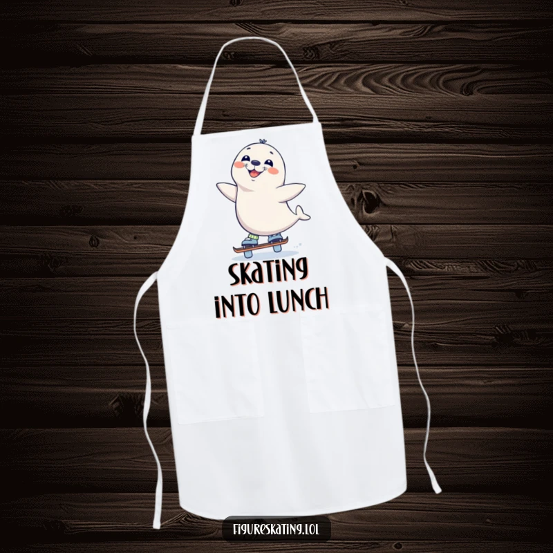 Funny Seal Skate Apron, featuring a curious seal balancing on one skate with a wide grin, perfect for cooks who enjoy playful humor.