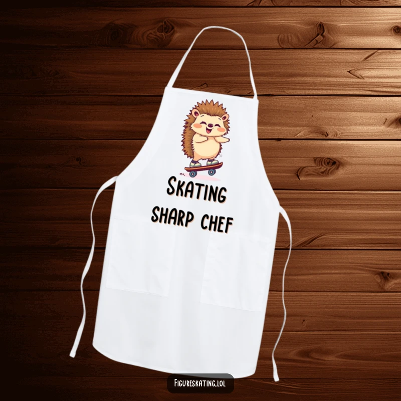 Funny apron with a giggling hedgehog balancing on a skate, ready for kitchen adventures with quirky flair.