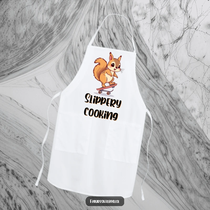 Funny apron featuring a squirrel looking surprised while balancing on a skate, ideal for kitchen protection with humor.