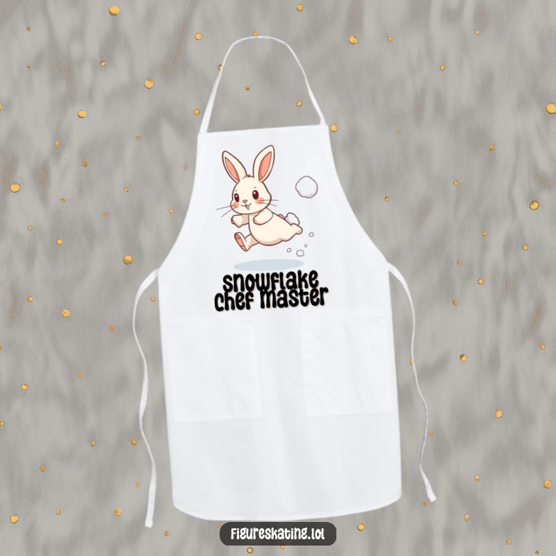 Funny apron with a determined rabbit leaping and kicking up snow, designed for cheerful winter cooking.