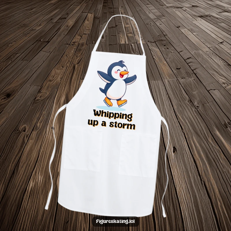 Funny apron, joyful penguin twirling with arms outstretched on ice skates, a humorous and practical kitchen accessory.
