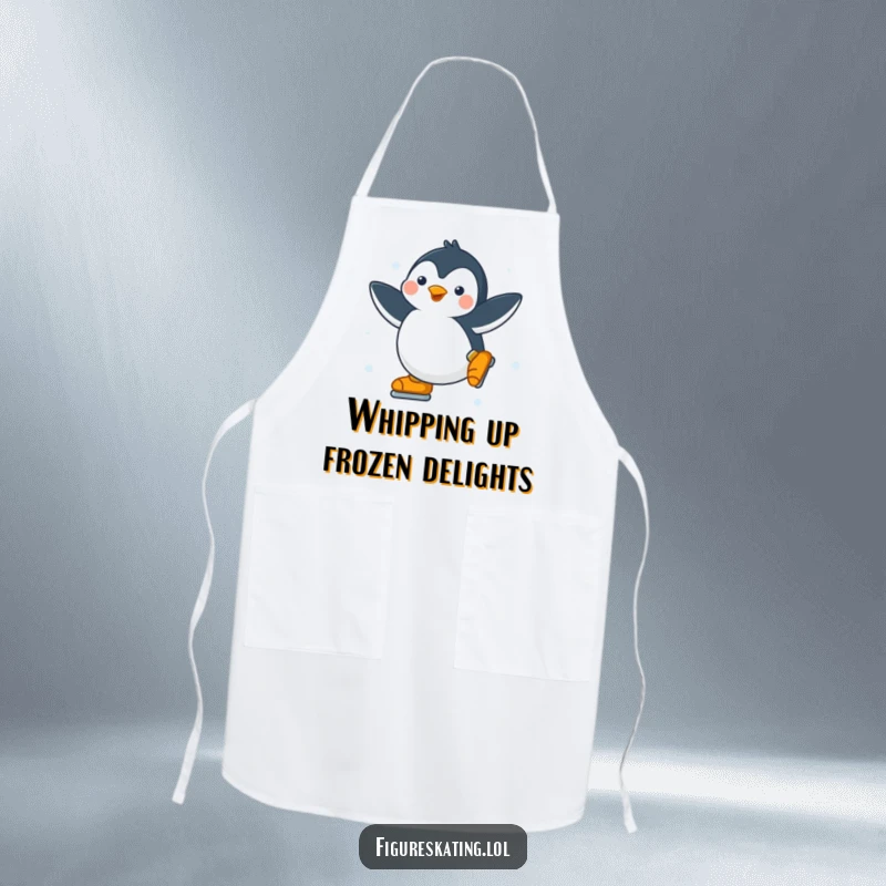 Funny Penguin Apron: Humorous apron with a happy penguin gracefully spinning on ice skates, perfect for kitchen elegance.