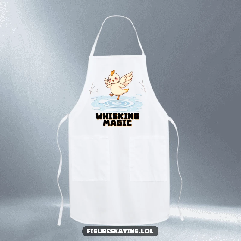 Funny apron showcasing a cheerful, winged creature elegantly twirling on a frozen pond, ideal for a magical kitchen.