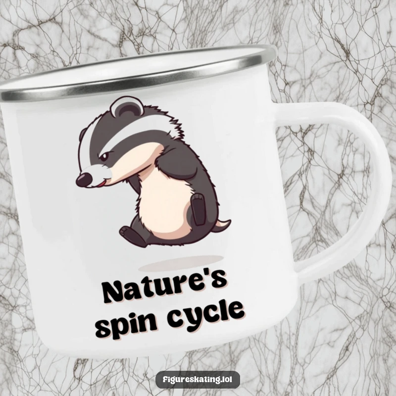 Funny camping mug with a badger tumbling while ice skating, designed for outdoor enthusiasts.