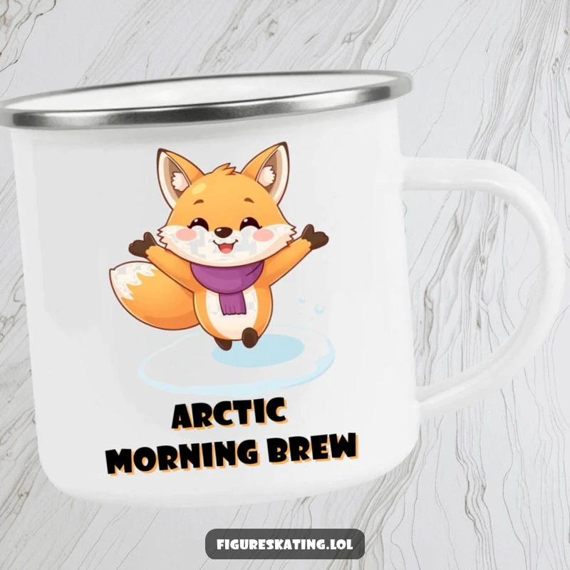 Funny fox ice skating camping mug, depicting a fox gliding across ice, bringing a humorous and heartwarming vibe to any outdoor setting.