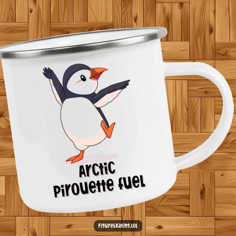 Funny Puffin Pirouette Camping Mug, showing a determined puffin performing an elegant pirouette, perfect for enjoying drinks outdoors with humor.