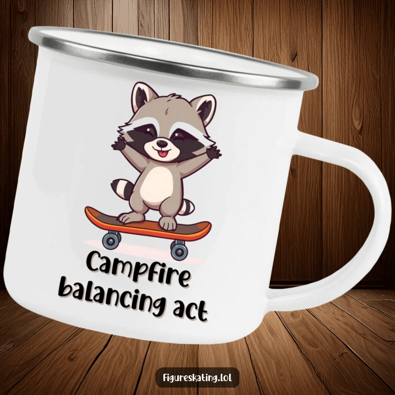 Funny Raccoon One Skate Camping Mug: A mischievous raccoon balancing on one skate, ready for outdoor adventures.