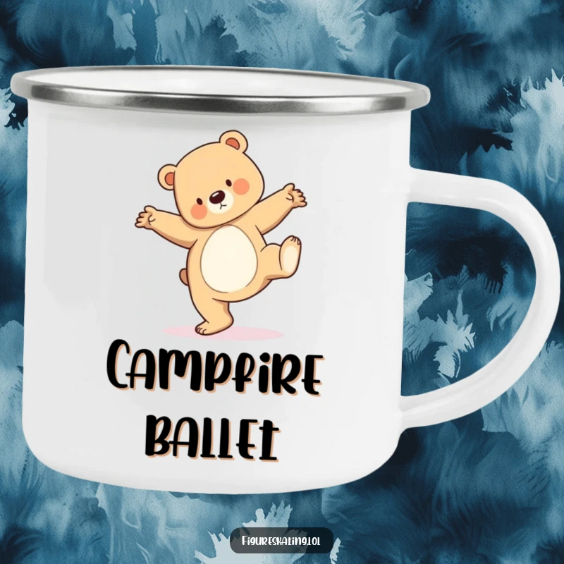Funny camping mug depicting a bear cub doing an elegant pirouette, perfect for outdoor enjoyment and humor.