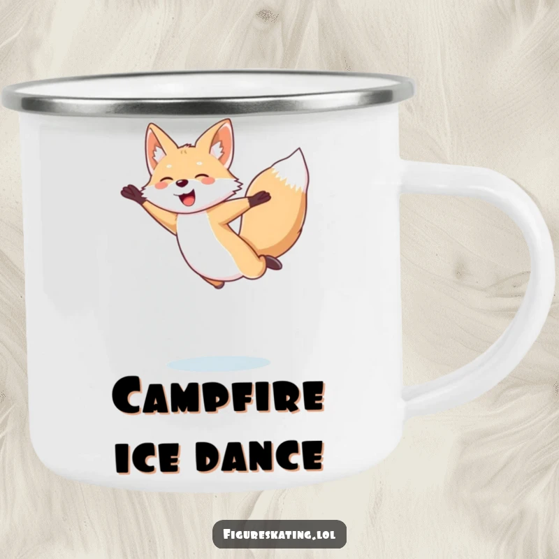 Funny Arctic Fox Camping Mug: Giggling arctic fox mid-figure skating jump, ready for outdoor enjoyment and a good laugh.