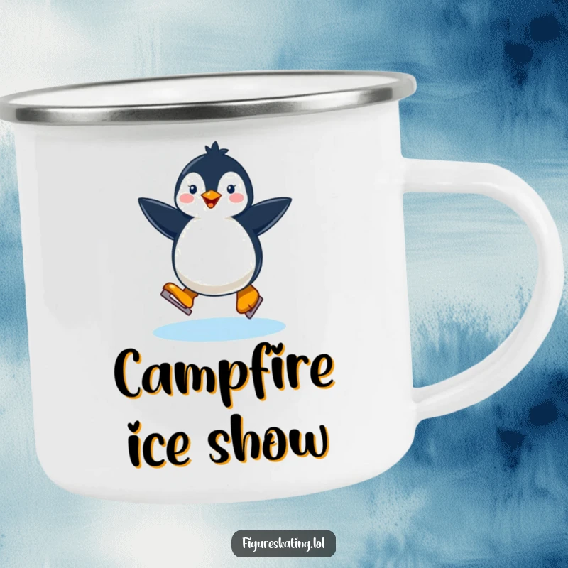 Funny happy penguin ice skating on a camping mug, for cheerful sipping in the winter wilderness.