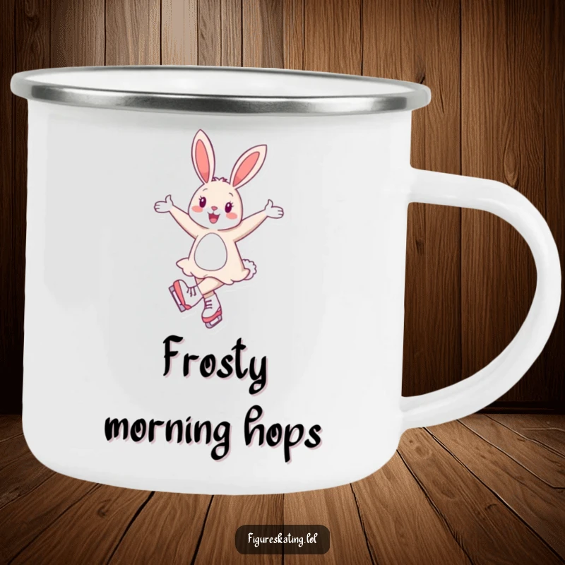 Funny camping mug with a cheerful bunny gracefully twirling on ice skates, ready for outdoor fun.