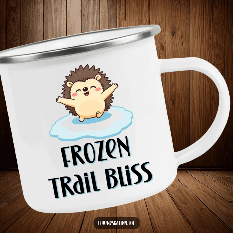 Funny Camping Mug: A happy hedgehog gliding across the ice with arms spread, a humorous and durable outdoor companion for winter fun.