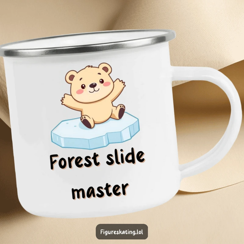 Funny bear cub ice skating camping mug with a curious cub sliding on ice with arms outstretched, ideal for humorous outdoor drinks.