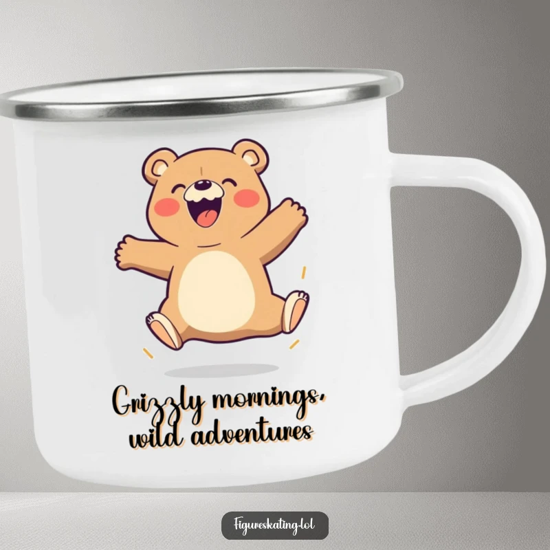 Funny Bear Camping Mug with a beaming cartoon bear attempting a triple jump with gusto, ideal for outdoor enthusiasts.